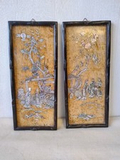 Chine début XXe Paire de plaques Nacre Et Marbre Scène De Vie 