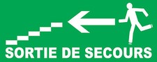Panneau sortie de secours à gauche avec escaliers