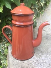 ANCIENNE CAFETIÈRE ÉMAILLÉE ORANGE MARRON COMPLÈTE DOUBLE rétro déco ANNÉES 40