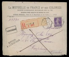 TB lettre de Mutuelle recommandée de Lyon pour Indochine 1914 timbre perforé