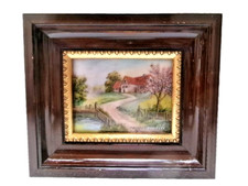 Tableau Emaux de Limoges signé P. Bonnet Limoges " Maisonnette près d'un Lac "