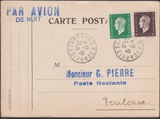 ✈️ 1945  “Par Avion de Nuit” Bordeaux–Toulouse – Affranch. Marianne Dulac 1,50F