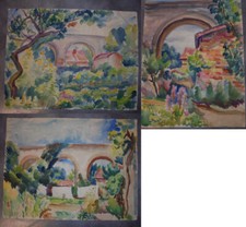 VINTAGE ANCIEN LOT 3 GRANDE PEINTURE AQUARELLE PAYSAGE PONT DLG André Wilder