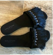 $275 Halston Heritage Fran Black Tassel Tabago Slide Sandal Mule 5.5