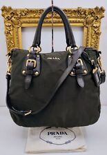 Sac Tote Shopper PRADA Logo Jacquard Tissu Vert / Noir Et Cuir Noir