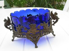 JARDINIERE METAL ET VERRE BLEU