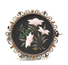 Pietra dura broche ronde motif floral marqueterie pierre ardoise brooch jewelry