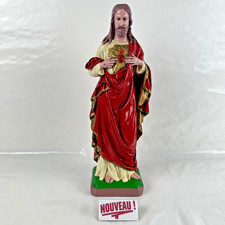 ➜STATUE DE JÉSUS-CHRIST religieuse sacré coeur ancienne en plâtre peint 42cm XXè