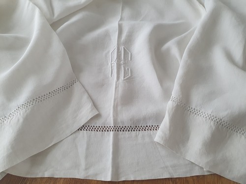 Drap ancien lin brodé - ancien,