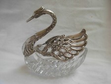 ANTIQUE SOLID SILVER CUT CRYSTAL SALT CELLAR,SWAN SHAPE,20th CENTURY.