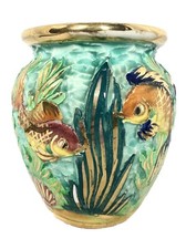 Vase boule De Monaco Décors Poissons signé LAMARCHE émaillé et incisé H 15cm,
