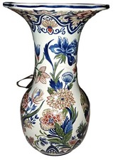 Vase Fleurs et Oiseau Vieux Rhodes Boch Peint à la Main Faïence Belgique 30 cm