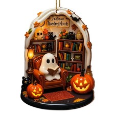 Décoration de coin lecture personnalisée en bois avec fantôme et citrouille,