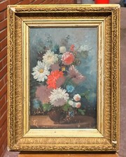 Tableau ancien signé.  Bouquet de Fleurs.  Peinture huile sur panneau de bois.