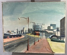 Huile sur toile : vue d'une ville industrielle art moderne XXe 60x72 cm