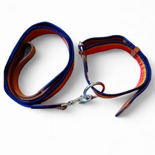 Collier et laisse Hermès en cuir toile bleu/jaune/orange chien moyen-grand Y7