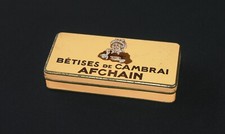 Vintage boîte ancienne en tôle lithographiée Bêtises de Cambrai Afchain