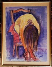 Tableau aquarelle de Gérard Fagard (1938-2021): nu sur la chaise