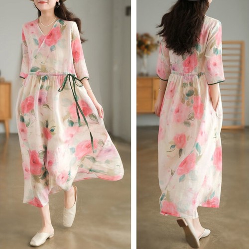 Robe longue lin coton col - lin, v