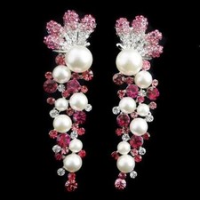 BIJOU MARIAGE BOUCLES D'OREILLES CRISTAL ROSE PERLES BLANCHES CHANDELIER