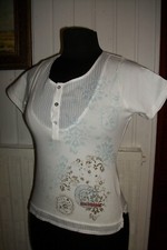 Tee shirt top manche courte MISS CAPTAIN T.1 34/36 coton blanc stretch imprimé