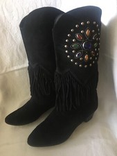 Bottes Western Country 38 Daim Noir Franges Pierres Couleurs Clous Vintage 