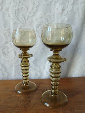 ​? Paire de Verres Roemer Anciens – Cristal Ambré Gravé (Vin du Rhin)