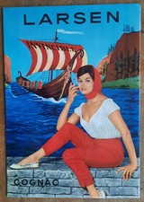 Ancienne Plaque Tole lithographiée COGNAC LARSEN pin up bar cave pub 34x24cm