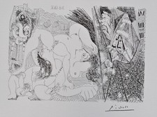Pablo PICASSO : Couple coquin et pape voyeur,  LITHOGRAPHIE érotique signée
