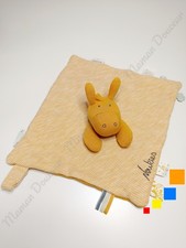 Doudou Plat/Mouchoir Carré Paco Ane Bio Orange Rayé Blanc Attache Tétine Noukies