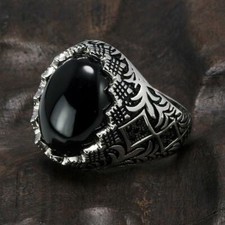 Bague Onyx Agate homme argent massif 925 pas cher pierre noir Zirconium Antique