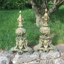 Lot de 2 Anciens Chenet de cheminée en Bronze tête de lion à l'anneau 