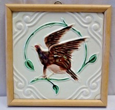 Ancien Carreau Majolique Japon Oiseau Moineau Flying Art Nouveau Pictural Rare #