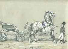 Deux chevaux tirant une calèche -  Dessin original ancien