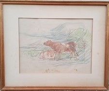 Pastel école Française fin XIXe début XXe siècle " Vaches au pré "