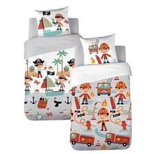 Parure de lit Enfant Réversible Pompier et Pirate Housse de Couette 140x200cm...