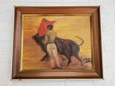 Tableau vintage  huile sur toile scène de corrida torero taureau 1970 51x60