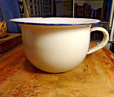 Ancien pot de chambre tole émaillée blanche liseré bleu Art populaire XXème