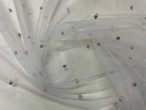 Tissu tulle perlé blanc - tulle,