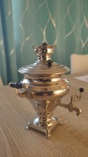 Ancien Samovar miniature russe en métal argenté – inscription cyrillique Полян