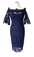 PAPER DOLLS LONDON NAVY BLUE LACE/CROCHET DRESS OFF SHOULDERS BELL SLEEVES 4 US