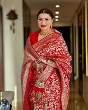 Saree De Mariage Indien Rouge Soie Jacquard Tissé Pour Mariée Fête Bollywood