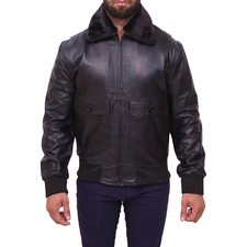 Veste en cuir de mouton véritable col fausse fourrure bombardier noir US...