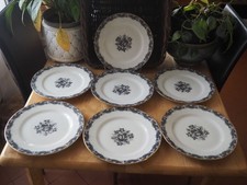 6 Assiettes porcelaine de Limoges UNION.Roses  grise. Diam 25 cm. Art déco 1930.