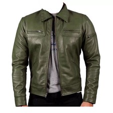 Veste en cuir vert olive pour homme 100 % pure peau d'agneau manteau moto motard