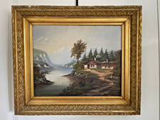 Ancien Tableau Peinture Huile Toile Ecole Suisse Montagne Lac Berger Signé 19ème