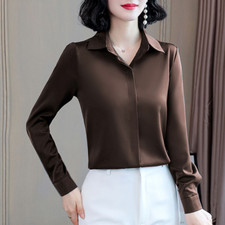 Femme Chemise Satin Faux Chemisier Soie Boutonnière Manches Longues Bureau Haut