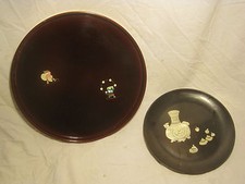  inlaid tray platter Asian Oriental ? figure circle platter & inlay plate dish v