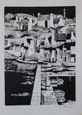 DUBIGEON Loic - Estampe originale - Lithographie - Le café de la jetée