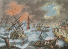 Gouache napolitaine paysage Italie cataclysme tempête ville ouragan raz-de-marée